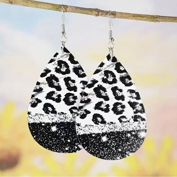NEW Cow Print Faux Leather Black & White Drop Hook Earrings (2) - Picture 5 of 8